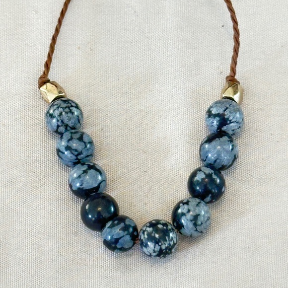 Snowflake Obsidian, round stone choker/necklace on brown cord w/lobster clasp - Picture 1 of 15